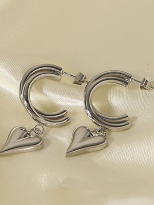 Earrings double hoops with hanging heart stainless steel new, silver