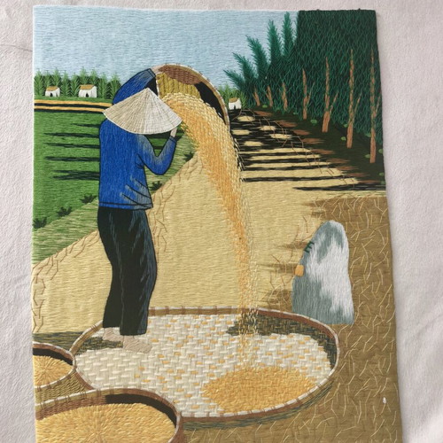 Handmade embroidery painting with silk thread new, rural life theme Vietnam