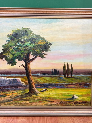 Маслена картина на Г. Мугиос употребявана, тема природа в ретро рамка