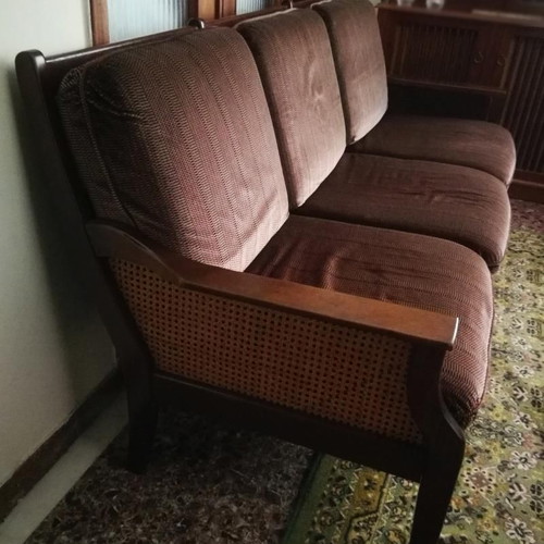 Classic three-seater sofa used, wood and rattan