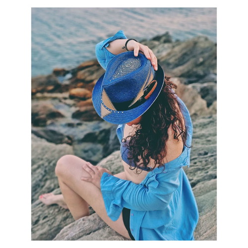 Straw Fedora Hat Painted Unisex New Blue