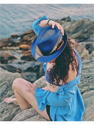 Straw Fedora Hat Painted Unisex New Blue