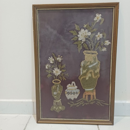 Embroidered painting with flowers used, size 32.5cm x 49cm