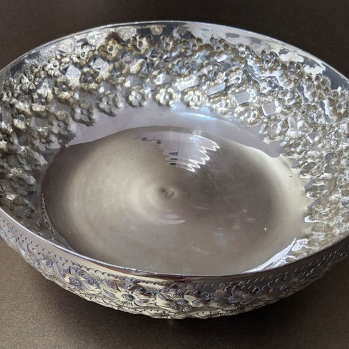 Vintage Silver 830 Fondue Bowl with Floral Repoussé Design used
