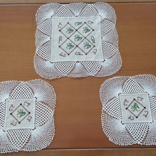 Vintage handmade crochet and embroidered 3-piece bedroom set