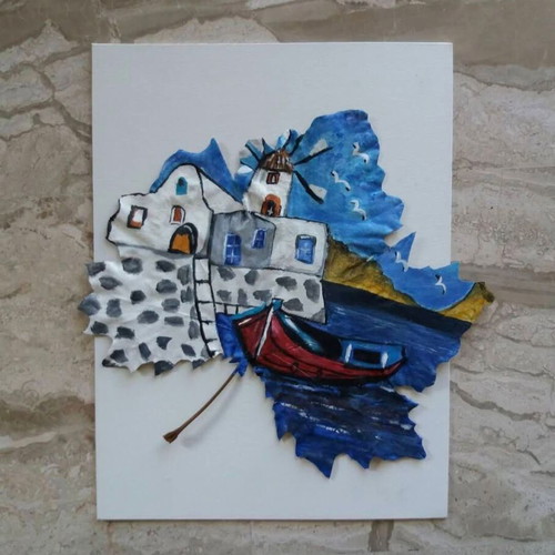 Aegean Memories set of 3 handmade plane leaf paintings