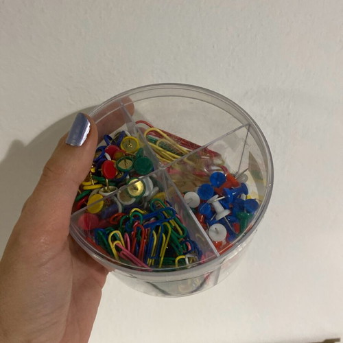 Box with pins and paper clips used, 4 compartments