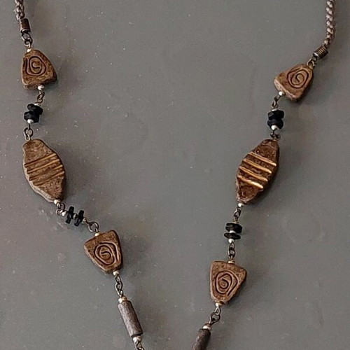Vintage handmade boho necklace with pocket watch pendant and ceramic stones like new