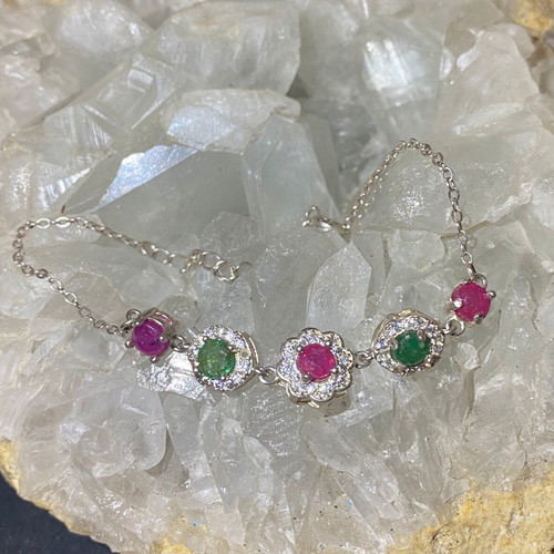 Handmade silver bracelet with natural emerald, ruby and moissanite