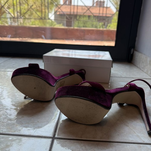 Sued high heel sandals 14cm used, red and purple, Ideal Shoes
