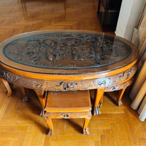 Handmade Chinese oval table with 6 small side tables, like new
