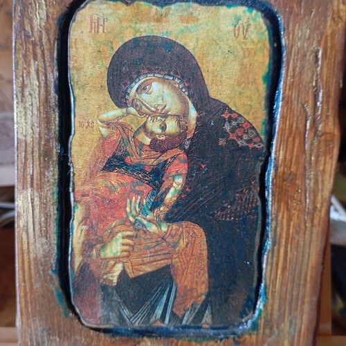 Handmade woodcut icon of Panagia