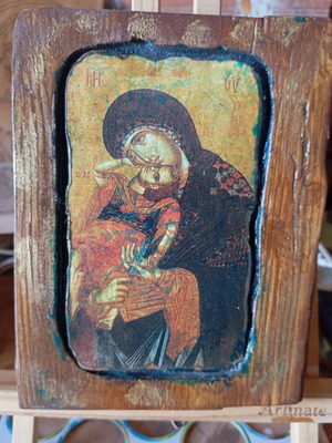 Handmade woodcut icon of Panagia