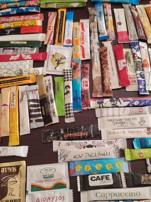 Sugar sticks and sachets, 180 different pieces, Greek and foreign
