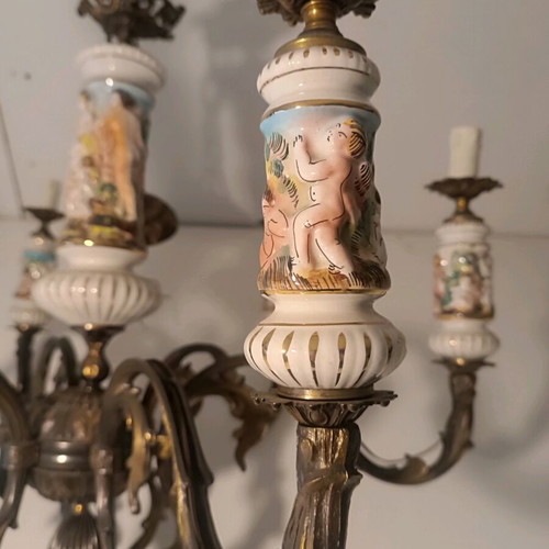 Antique 6-Light Chandelier like new with embossed colored designs