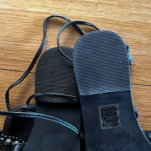 Leather vintage black sandals new, decorated with metal pearls