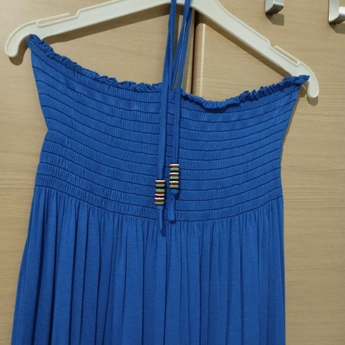 Women's blue strapless dress with neck tie