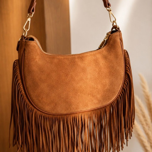 Women's Shoulder Bag New, Natural Suede, Genuine Leather, Brown