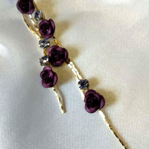Fashion earrings with rose petals and rhinestones new, purple and gold