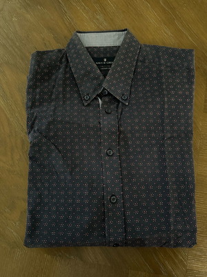 Navy & Green shirt used, dark blue with floral pattern, size L