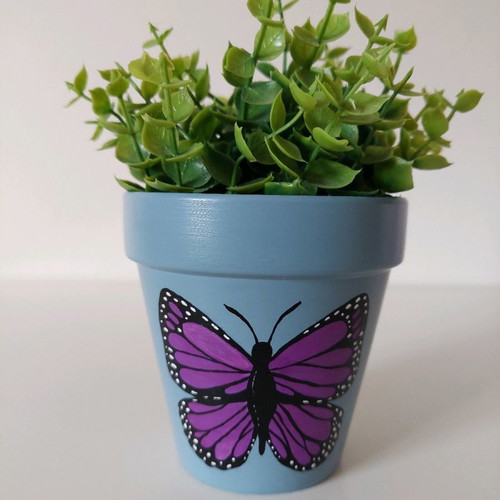 Hand-painted clay flowerpot new with butterfly design