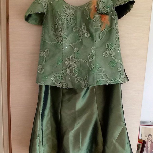 Evening set used, satin fabric with embroidery, size 54, green