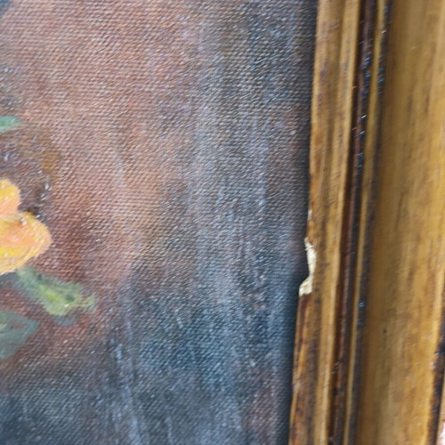 Vintage oil painting on canvas used, vase with colorful bouquet