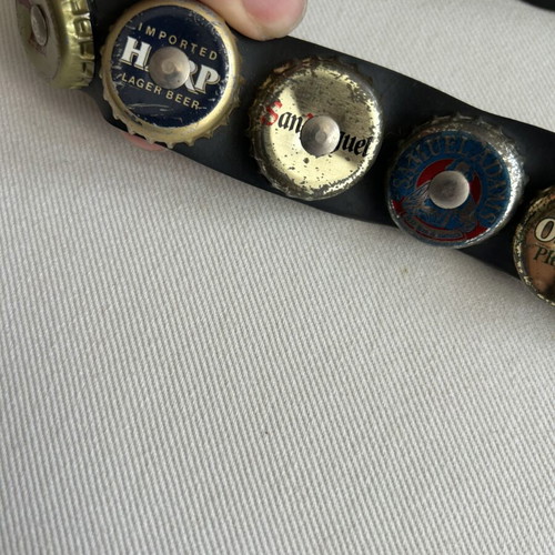Vintage belt with beer caps used, black, size 70-75 cm
