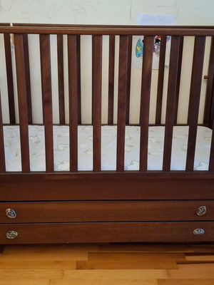 Baby cot used, solid wood with painting and drawers
