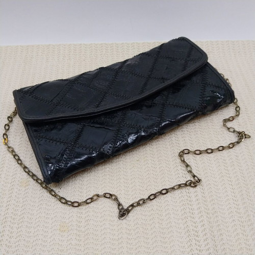 Vintage small leather evening bag, patchwork design, black