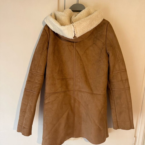 Bershka shearling coat used, brown suede with beige lining