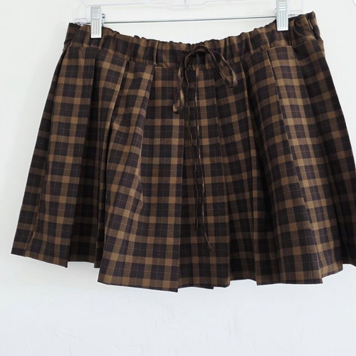 Zara brown plaid pleated mini skirt with elastic tie front waist new