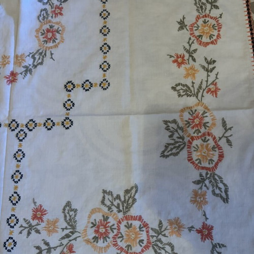 Handmade embroidered tablecloth with lace edging like new