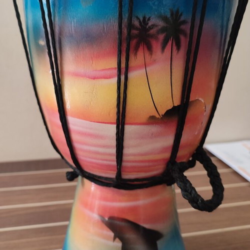 Wooden handmade djembe used, hand-painted tropical design 30x28 cm