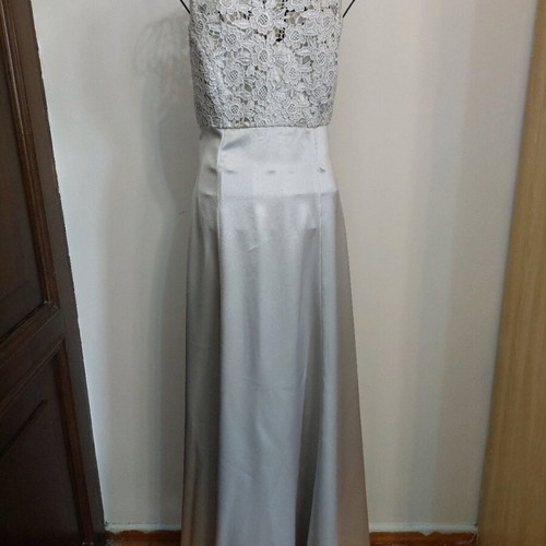Formal long evening dress silver lace and satin small like new