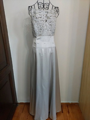 Formal long evening dress silver lace and satin small like new
