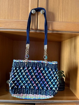 Woven shoulder bag women new, black with multicolor details
