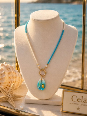 Handmade Necklace with Czech beads, stainless steel nautical steering wheel clasp, hand-painted shell
