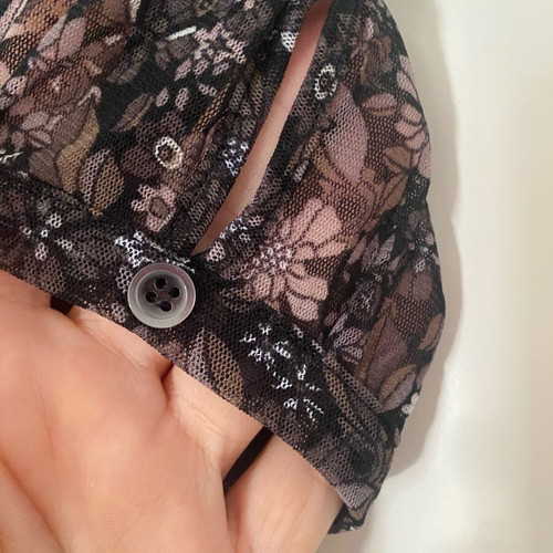 Mexx vintage sheer black floral mesh top with lace trim size S like new