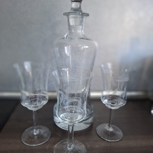 Vintage glass decanter set with stopper and 3 glasses