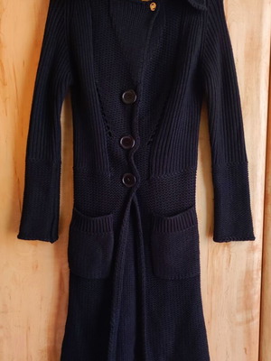 Gothic Long Black Knitted Cardigan with Buttons and Pockets, New
