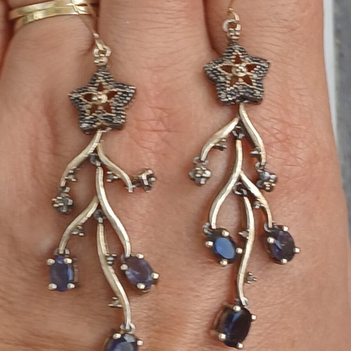 925 Silver and 9k Gold Earrings with Tanzanite and Old-Cut Diamonds, 7 cm
