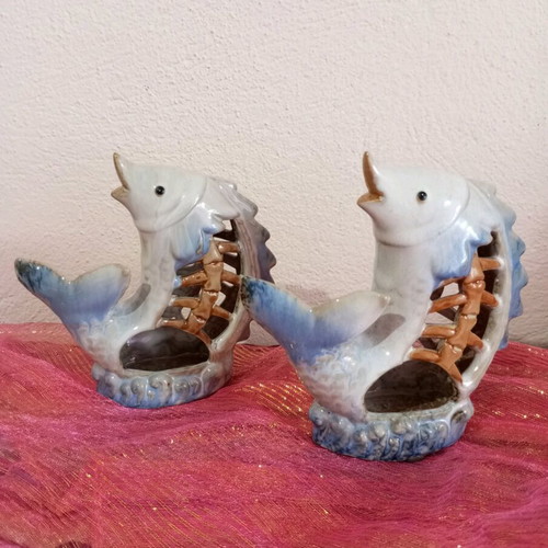 Set of 2 ceramic fish tealight holders new