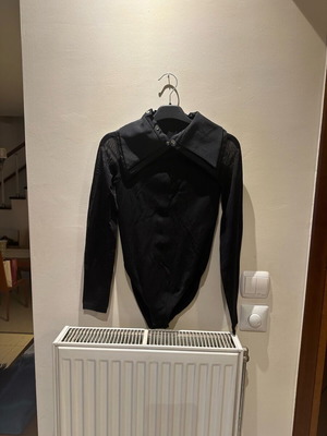 Wolford black bodysuit with satin collar and see-through sleeves like new
