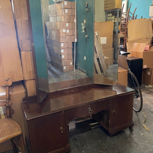 Vintage dressing table with triple mirror used, solid wood
