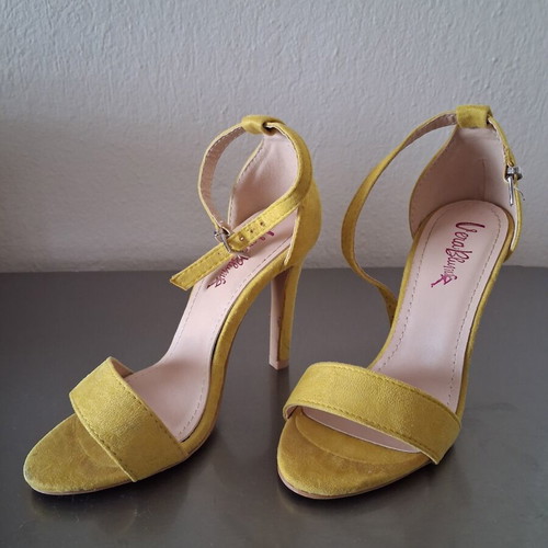 Yellow suede high heel sandals, size 35