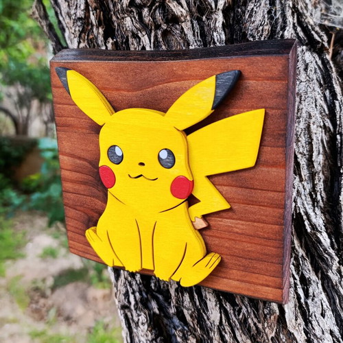 Handmade wooden Pikachu wall decor, Pokémon, 15x15 cm