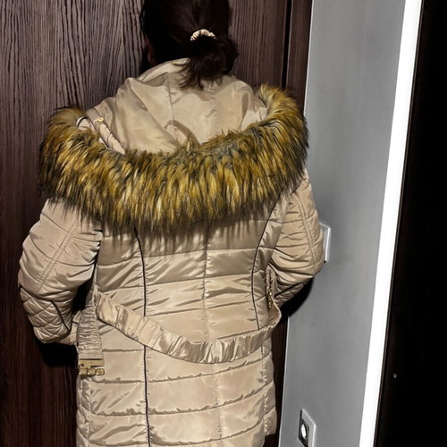 Thick beige jacket used with hood and belt, size L
