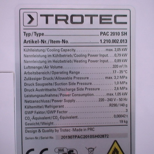Trotec PAC 2010 SH portable air conditioner like new