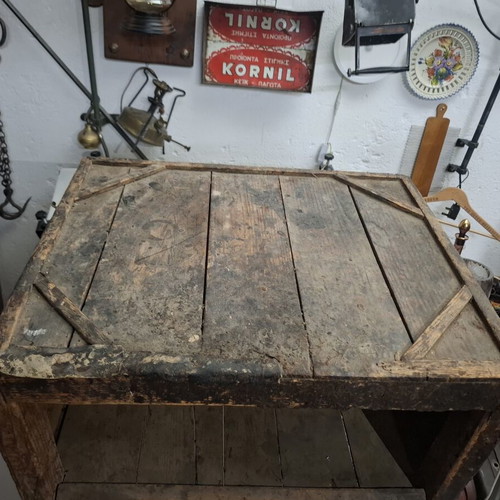 Old wooden cobbler bench with 30 tools used, rare museum set